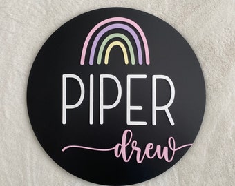 Rainbow Nursery Name Sign: Round Wooden Baby Girl Decor