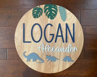 Nursery Name Sign with Dinosaurs, Wood Name Sign, Nursery Wall Art, Dinosaur Nursery, Baby Boy Sign, Baby Girl Sign, Birth Announcement