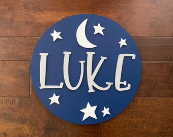 Nursery Name Sign Round Wooden Sign New Baby Babies Moon and Stars
