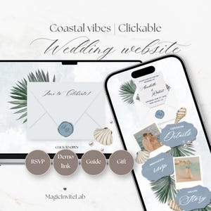 Peut inclure: Maquette de site web de mariage numérique sur le thème côtier. Le design présente un smartphone et un ordinateur portable affichant des maquettes d'invitations de mariage, des coquillages et des boutons interactifs.