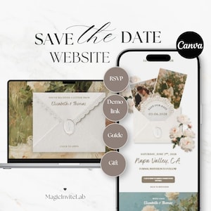 Może przedstawiać: Cyfrowy projekt zaproszenia ślubnego wyświetlany na laptopie i smartfonie. Projekt zawiera tekst "Save the Date Website" i zawiera opcje RSVP, link demonstracyjny, przewodnik i prezent. Zaproszenie prezentuje motyw kwiatowy z imionami Elisabeth & Thomas.
