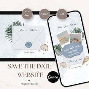 Peut inclure: Une maquette d'invitation de mariage numérique avec un smartphone affichant une carte "Save the Date" avec des photos. Une enveloppe avec un sceau de cire et le texte "Time to Celebrate!" est également affichée. Le design comprend des coquillages et le logo Canva.