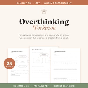 May include: An Overthinking Workbook with 33 pages, featuring sections titled The Loop You Are In, Ask One Question, and The Thought Record. The document includes text about rumination, CBT, and worry postponement in a printable PDF format.