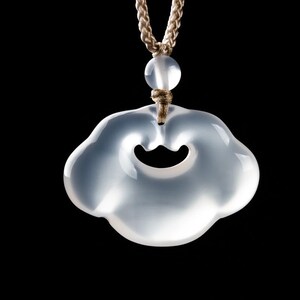 Natural Agate Auspicious Cloud Ruyi Lock Pendant, Double-Sided Hand-Carved High Translucent Chalcedony Jade Amulet