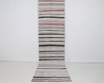 3x9 Vintage Turkish Kilim Runner Rug, Multicolor Striped Flatweave Hallway Rug, Handmade Wool Cotton Decor
