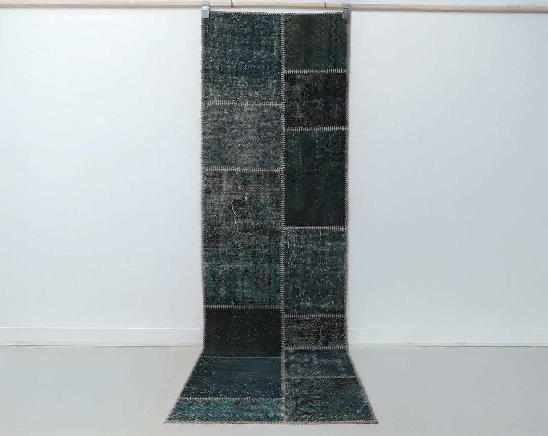 2x9 Vintage Patchwork Runner Rug, Green Wool Cotton Hallway Rug ...
