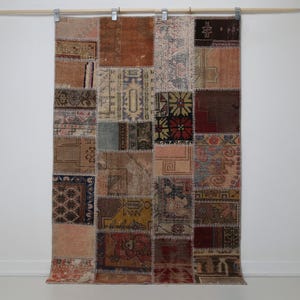 1,2 x 1,8 m vintage turkisk lapptäcksmatta, flerfärgad ull-bomullsmatta
