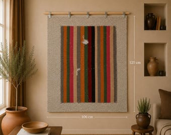 3x4 Vintage Turkish Striped Tapestry Rug, Handwoven Wool Wall Hanging, Multicolor Textile Art