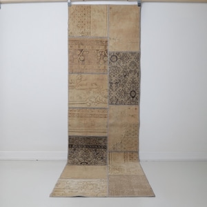 2x9 Vintage Turkish Patchwork Rug, Beige Neutral Runner, Handmade Wool Cotton Hallway Rug