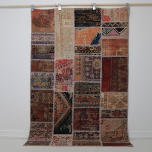 4フィート3インチ x 6フィート5インチ ヴィンテージ トルコ製パッチワークラグ、マルチカラー ウールコットン ハンドメイド エリアラグ