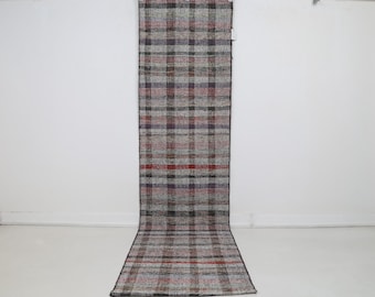 3x9 Vintage Turkish Flatweave Runner Rug, Multicolor Striped Hallway Kilim, Handmade Wool Cotton Rug