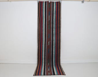 2x8 Vintage Kilim Runner Rug, Multicolor Striped Turkish Hallway Rug, Handmade Cotton Wool Long Runner