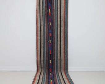 3x9 Vintage Flatweave Runner Rug, Multicolor Striped Turkish Hallway Rug, Handmade Wool Cotton Long Runner
