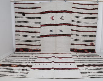 9x11 Vintage Turkish Hemp Rug, Handmade White Striped Flatweave Area Rug, Large Tribal Wool Hemp Carpet