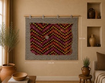 3x4 Vintage Turkish Tapestry Rug, Red Orange Tribal Textile Art, Handwoven Wool Cotton Wall Hanging