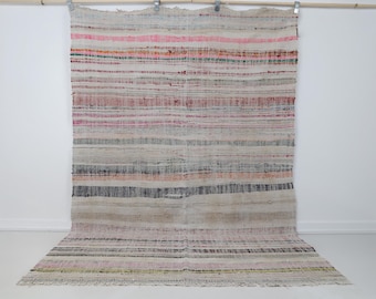 6x8 Vintage Kilim Caput Rug, Multicolor Striped Turkish Flatweave Rug, Handmade Wool Cotton Area Rug