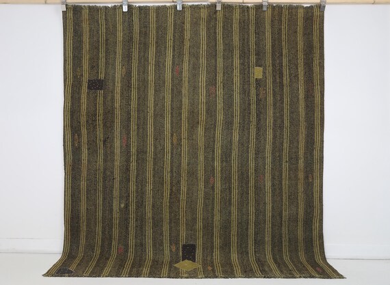 6x7 Vintage Turkish Flatweave Rug, Mustard Brown Striped Rug, Handwoven Wool Cotton Kilim, Vintage Area Rug