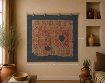 3x4 Vintage Turkish Tapestry Rug, Orange Brown Tribal Textile Art, Handwoven Wool Cotton Wall Hanging