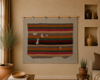 3x4 Vintage Turkish Striped Tapestry Rug, Handwoven Wool Wall Hanging, Multicolor Tribal Textile Art