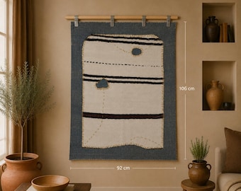 3x4 Vintage Hemp Tapestry Rug, Minimalist Turkish Wall Hanging, White Handmade Textile Art