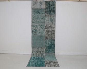 2x8 Vintage Patchwork Runner Rug, Green Turkish Hallway Rug, Handmade Wool Cotton Flatweave Runner