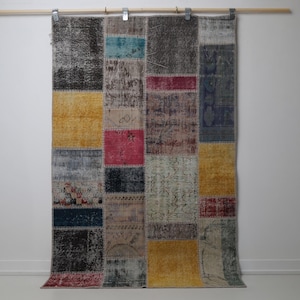 5'8 x 6'5 Vintage Turkish Patchwork Rug, Multicolor Wool Cotton Area Rug