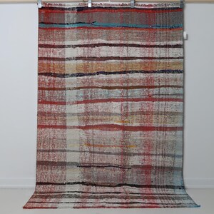 4'7 x 7'0 vintage Turks kelimtapijt, veelkleurige gestreepte katoenen kelim, boho platgeweven vloerkleed