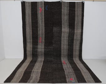 6x10 Vintage Turkish Flatweave Rug, Black Brown Striped Kilim, Handmade Wool Cotton Area Rug