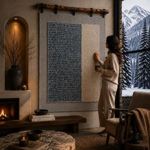 May include: A large rectangular wall hanging featuring a textured, two-tone design with a dark blue vertical panel on the left and a cream-colored panel on the right, mounted on a rustic wooden rod with black leather straps against a gray wall.
