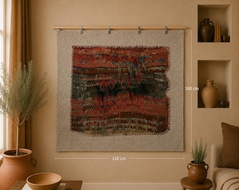 3x4 Vintage Turkish Textile Tapestry Rug, Handwoven Wool Wall Hanging, Multicolor Abstract Fiber Art