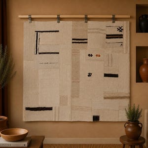 3x5 Hemp Patchwork Tapestry Rug, Handmade Turkish Textile Wall Hanging, One of a Kind Fiber Art