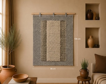 2x3 Vintage Turkish Tapestry Rug, Beige Brown Minimalist Wool Textile, Handwoven Wall Hanging Decor