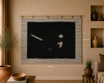 3x5 Vintage Turkish Black Tapestry Rug, Handwoven Wool Wall Hanging, Minimalist Abstract Textile Art