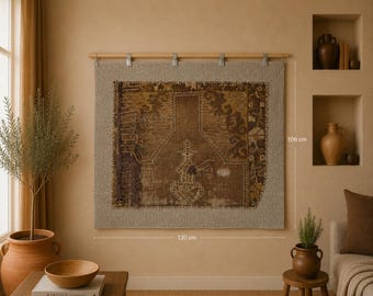 3x4 Vintage Turkish Brown Tapestry Rug, Tribal Handwoven Wool Cotton Textile, Rustic Wall Hanging