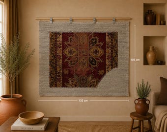 3x5 Vintage Turkish Tapestry Rug, Red Geometric Wool Cotton Wall Hanging, Handmade Tribal Textile Art