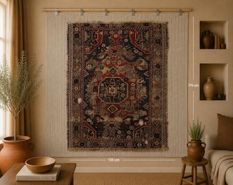 4x6 Antique Caucasian Tapestry Rug, Red Blue Tribal Wall Hanging, 100+ Year Old Wool Cotton Textile Art