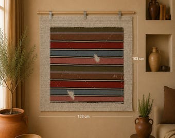 3x4 Vintage Turkish Striped Tapestry Rug, Multicolor Wool Wall Hanging, Handmade Tribal Textile Decor