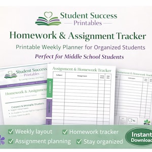 May include: A printable homework and assignment tracker with the text "Student Success Printables." The design includes a weekly planner layout, homework tracker, and assignment planning features. The product is designed for organised students.