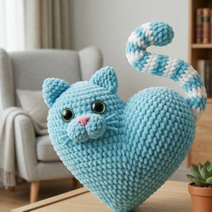 Patrón de amigurumi de gato con forma de corazón y conejito / Descarga del PDF para juguete de peluche