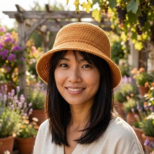May include: A woman wearing a light brown crocheted bucket hat. The hat has a rounded crown and a brim. The woman is smiling, with a garden and pergola in the background. The hat is a stylish accessory, perfect for sunny days.