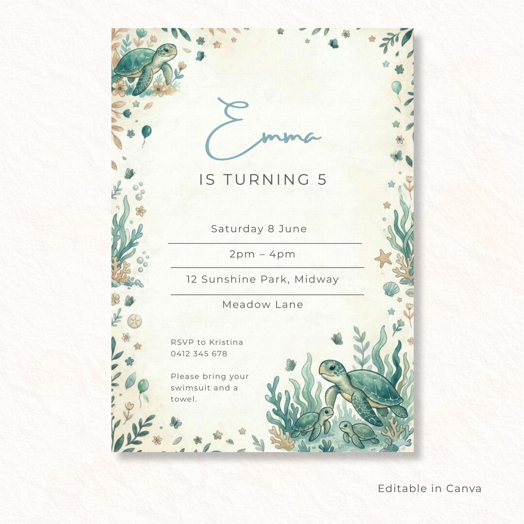 Editable Sea Turtle Birthday Invitation | Ocean Birthday Invite | Under ...