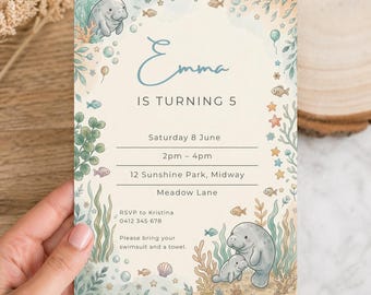 Manatee Birthday Invitation | Editable Canva Template | Ocean Party Invite | Instant Download
