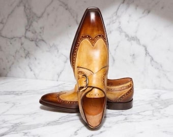 Handmade men brown leather single monk strap shoes : two tone dress up shoe.