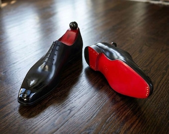Men’s Handmade black one piece Oxford leather shoes : formal classic dress up.