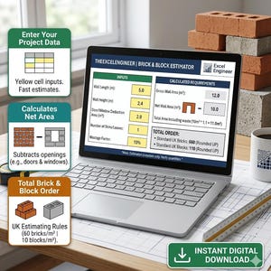 Könnte beinhalten: Ein Laptop zeigt einen Ziegel- und Blockschätzer mit Eingabefeldern und berechneten Anforderungen. Der Bildschirm zeigt Daten für Wandlänge, -höhe und -fläche sowie die Gesamtbestellungen für Ziegel und Blöcke. Das Bild enthält einen Stapel Ziegel und eine Kaffeetasse.