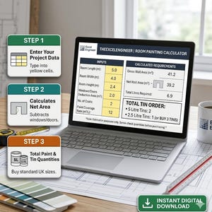 Può includere: Un laptop con un calcolatore di verniciatura di stanze con campi di input e requisiti calcolati. Lo schermo mostra le dimensioni della stanza in metri, l'area netta della parete e i litri totali necessari. La grafica illustra i passaggi per il calcolo.