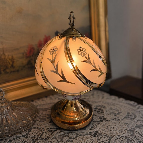 Vintage Floral Glass Table Lamp | Mid Century Decorative Lamp | Etched Glass Shade | Romantic Cottage Decor | Antique Style Lighting