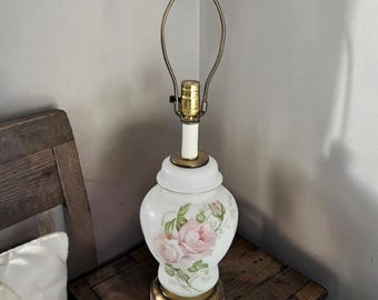 Vintage Floral Table Lamp Pink Roses Porcelain Cottagecore Shabby Chic
