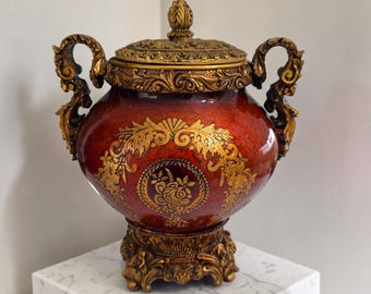 Vintage Ornate Red & Gold Decorative Urn with Lid – Baroque Style Footed Vase Home Decor