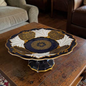 Bol de pedestal azul cobalto vintage, dorado, auténtico cobalto, soporte para pasteles de Alemania Oriental